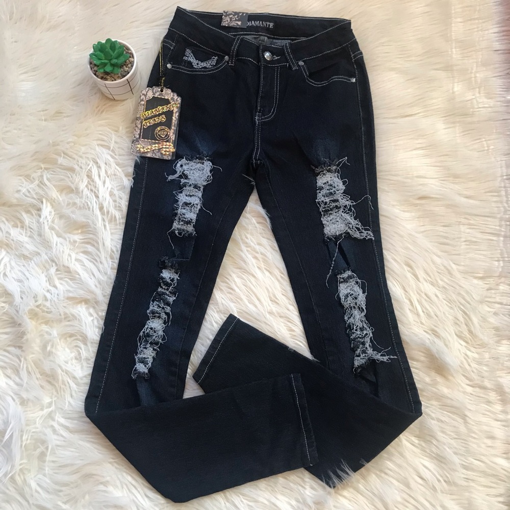 Diamante Jeans Distressed Skinny Fit Dark Blue 5